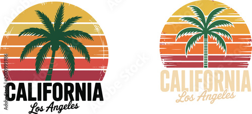 Tableau sur toile California los angeles vector illustration with palm tree and colorful sunset