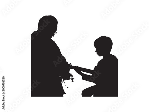 Silhouette of man teaching boy to play guitar.eps