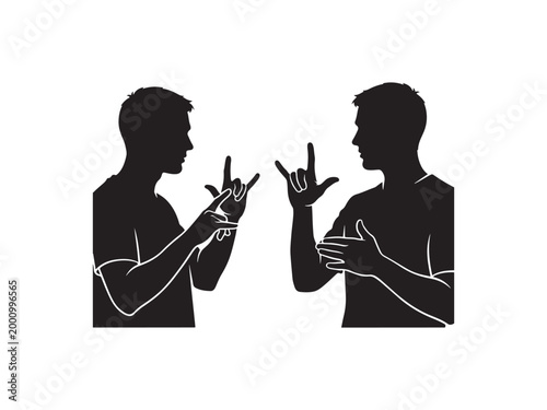 Silhouette of two women communicating in sign language.
