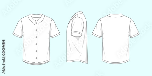 Blank white baseball jersey vector illustration showcasing front, side, and back views for apparel design mockups and customization projects.