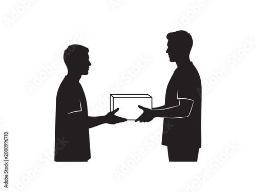 Two men exchanging a box.