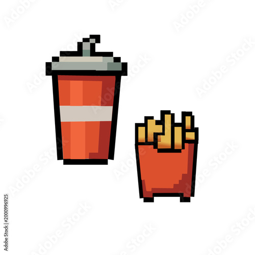 fast food icons featuring a  french fries, cola in a retro 8-bit video game vector graphic design