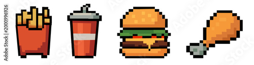 Banner Set of A collection of pixel art fast food icons featuring a hamburger, french fries, soda, chicken in a retro 8-bit video game vector graphic design