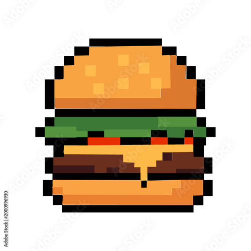 fast food icon featuring a hamburger in a retro 8-bit video game vector graphic design
