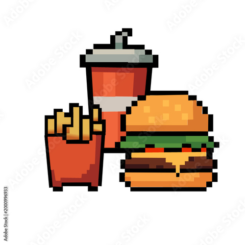 Set of A collection of pixel art fast food icons featuring a hamburger, french fries, cola in a retro 8-bit video game vector graphic design