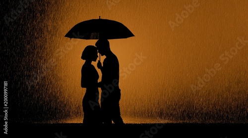 Romantic couple silhouetted under an umbrella during a golden rain shower