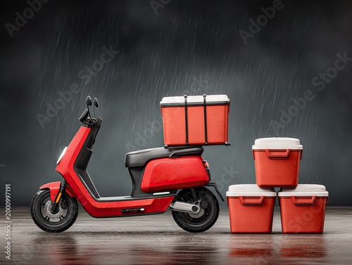 Red electric scooter with food delivery containers in the rain