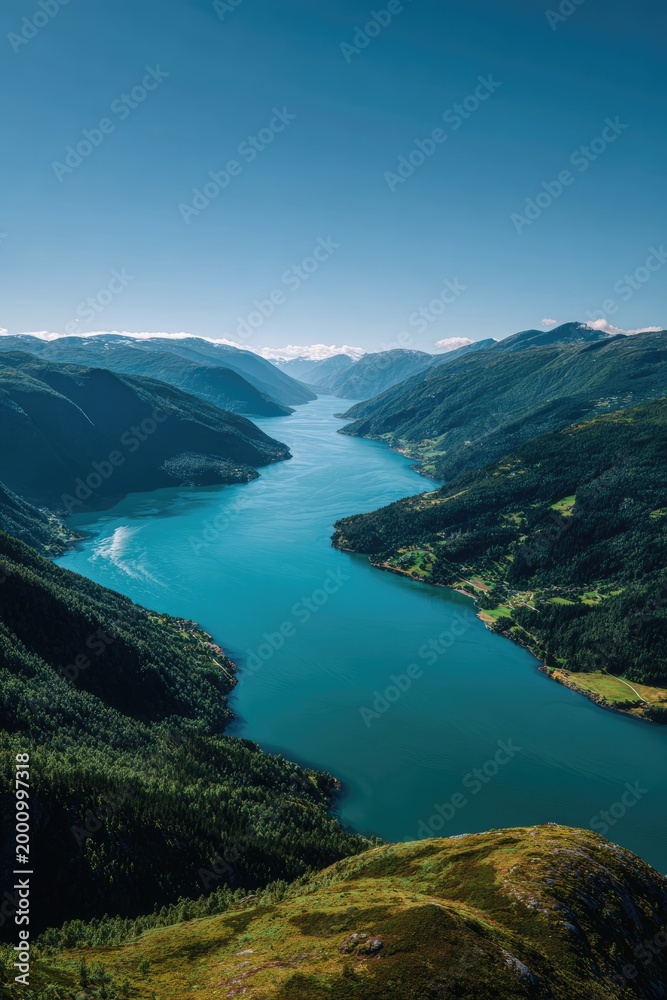 Obraz premium High-angle view of a fjord winding through lush mountains