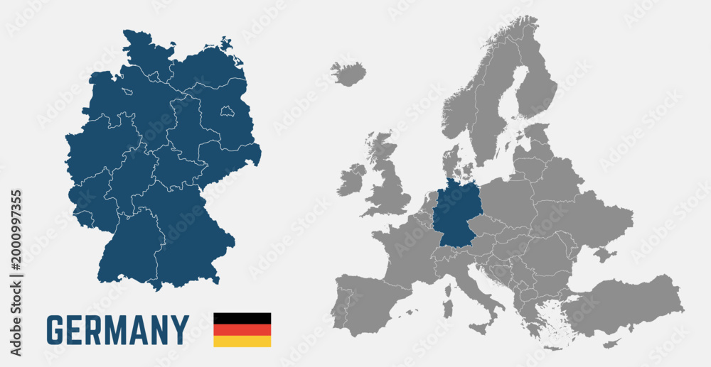 Obraz premium Germany map. Germany flag. Europe and Germany maps with regions. Europe map isolated on white background. High detailed. Vector illustration 