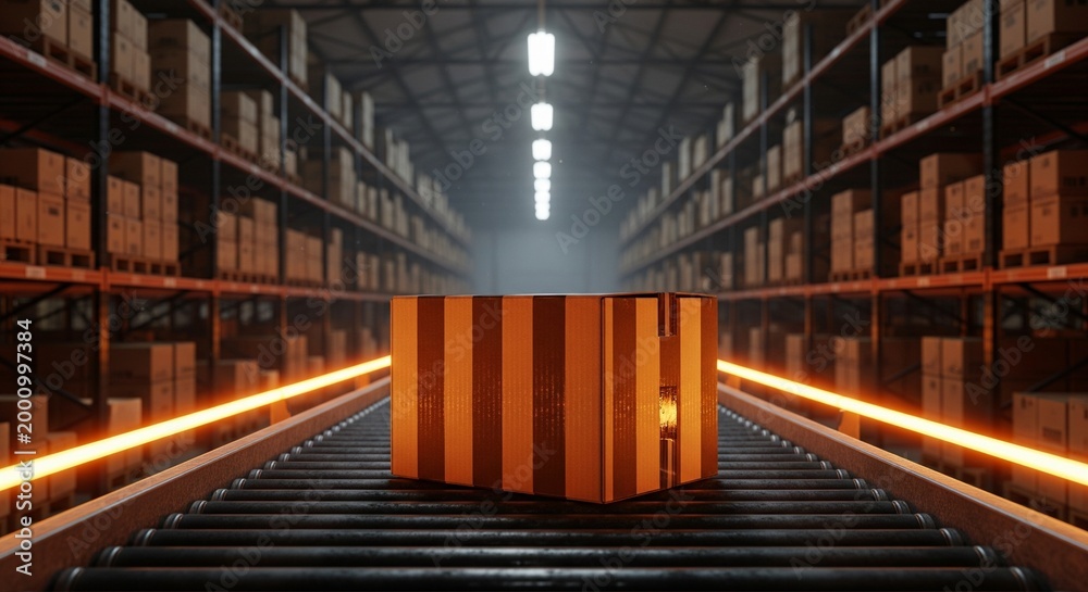 Fototapeta premium Cardboard box moving on a conveyor belt in a brightly lit warehouse with high shelves stacked
