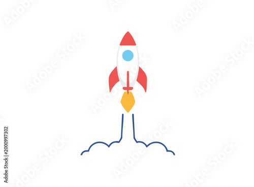 Simple rocket launching into the sky with smoke trails, abstract concept of startup and speed, exploration