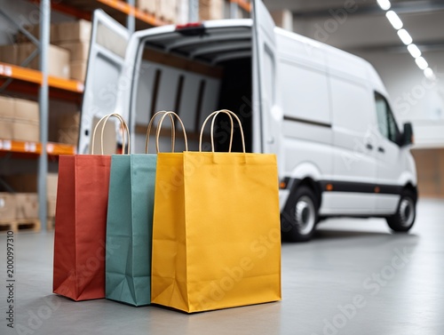 Colorful shopping bags ready for delivery next to a white cargo van