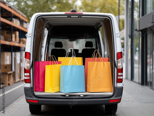 Colorful shopping bags are loaded into the back of a delivery van for distribution