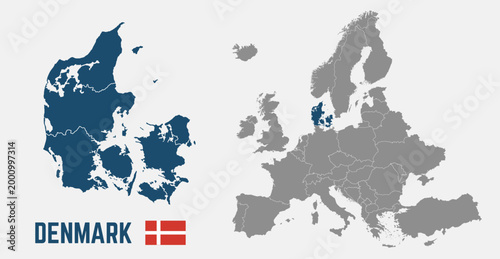 Denmark map. Denmark flag. Europe and Denmark maps with regions. Europe map isolated on white background. High detailed. Vector illustration	