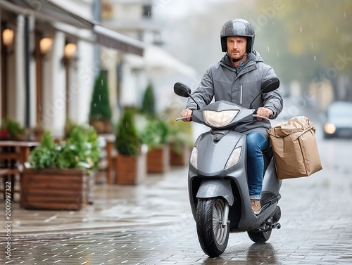 Delivery rider on electric scooter braves rainy city streets with package