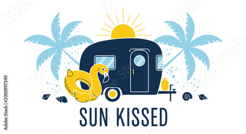 Summer vacation camper trailer, sun kissed travel icon, beachy getaway symbol, palm tree illustration