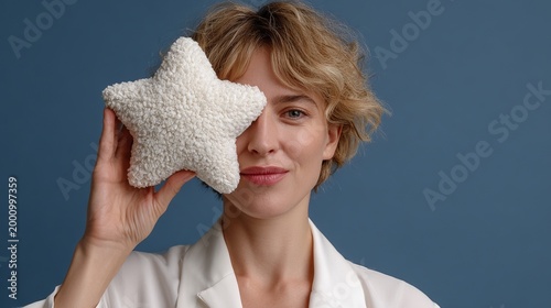 Woman with curly blonde hair playfully hides her eye behind a fluffy white star