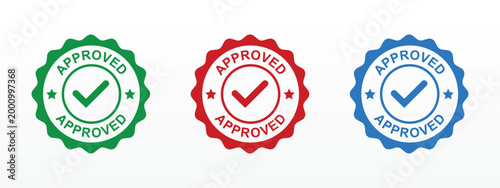 Set of approved stamp badges in green, red, and blue colors featuring check marks and circular designs. Ideal for quality assurance, certification, validation, and business approval concepts.