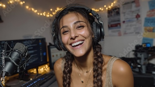 Young Indian female streamer with headphones laughing while broadcasting live online