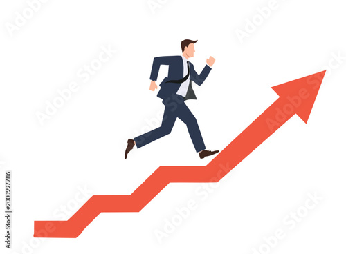 Man running on a rising arrow graph concept of career advancement and financial success business progress