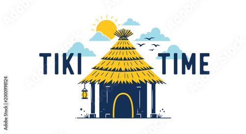 Tiki hut icon, tropical resort logo, summer vacation symbol, yellow thatched roof