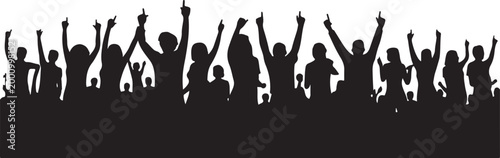 Crowd of people silhouette, happy young group party people together, cheering crowd on concert or sport event, cheerful fans
