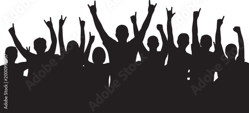 Black crowd silhouette of people with raised hands at concert or party event celebration, cad drawing flat vector illustration background
