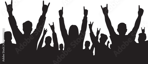 Black crowd silhouette of people with raised hands at concert or party event celebration, cad drawing flat vector illustration background
