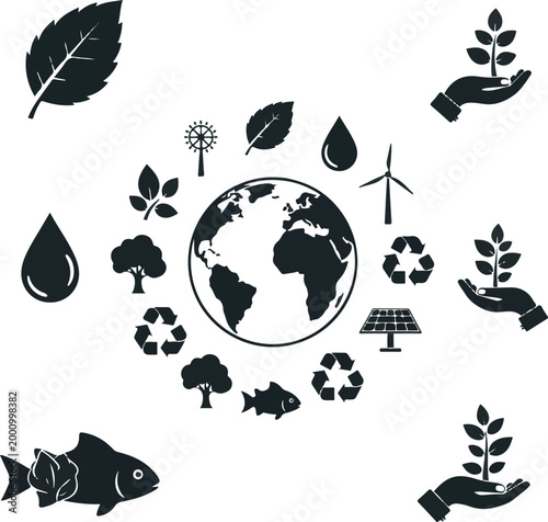 Environmental Conservation and Renewable Energy Icon Set with Earth Globe