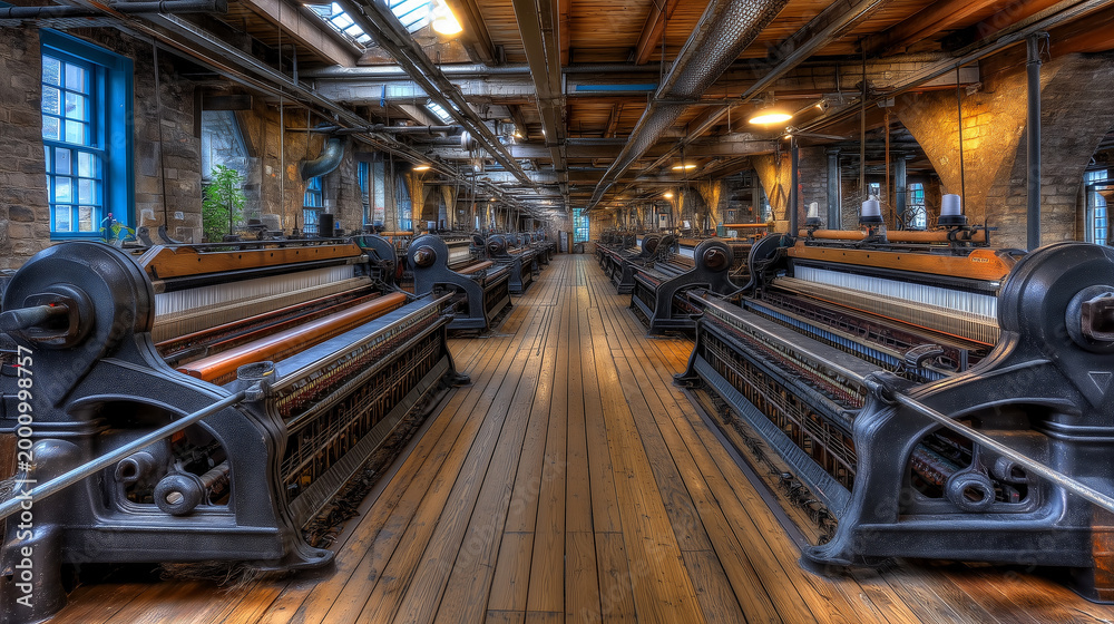 Fototapeta premium Massive loom-weaving textile machinery silent and rusting inside a converted mill, new oak flooring half-installed between old iron pillars, workers measuring for partition walls,