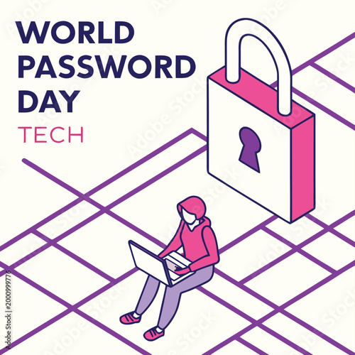 Abstract Geometric Lock and Digital Symbols Vector Illustration for World Password Day, Modern Line Art Security Icon Design