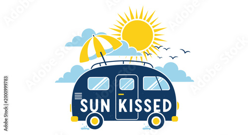 Summer vacation camper van, sun kissed road trip, beachy travel illustration, vector graphic