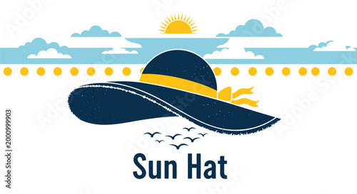 Vector sun hat icon, summer hat logo, blue and yellow sunhat symbol, tropical vacation accessory