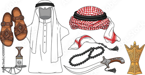 Traditional middle eastern man outfit accessories set Vector