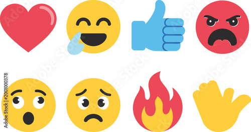 Social media reactions vector icon set including heart, laugh, thumbs up, angry, surprised, sad, fire, and clapping emoji symbols, digital communication and interface design elements, modern flat UI i