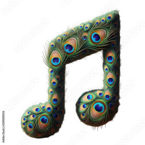 Musical note shape covered in peacock feathers and green leaves, artistic decoration isolated on transparent background