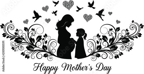 Pregnant woman silhouette with child and floral design