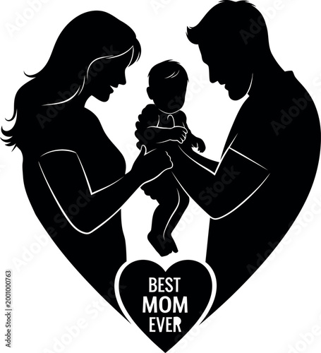 A graphic silhouette of a family forming a heart shape with text in the center.