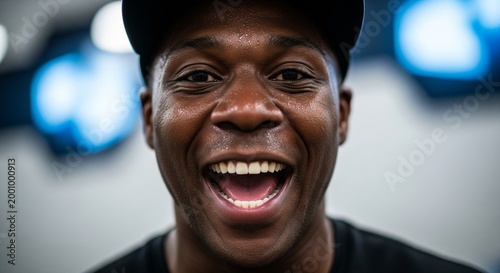 Close-up of a joyful Black man in a black t-shirt and baseball cap, laughing heartily with mouth