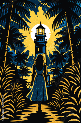 woman-walking-lighthouse-tropical-night-vector.eps