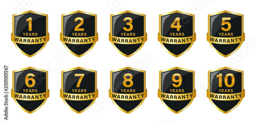 Warranty shield badge set, 1 to 10 years warranty gold premium glossy labels collection, Luxury black and gold ribbon shields for service assurance, Vector illustration