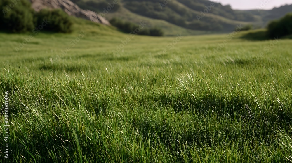 Obraz premium Rolling green meadow stretching across open hills under soft natural daylight evoking a sense of tranquility and rural peace
