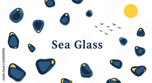 Sea glass, ocean blue pebbles, beach stones, coastal elements, vector set