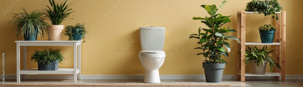 Obraz premium Toilet centered among potted plants against yellow bathroom wall