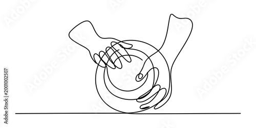 Continuous single line drawing of human hands washing a ceramic plate in the kitchen Vector, illustration