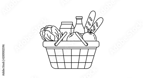 A charming line drawing depicts a wicker picnic basket filled with fresh groceries and produce