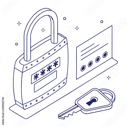 Secure Login and Password Protection Vector Illustration with Padlock, Key and Authentication Line Art