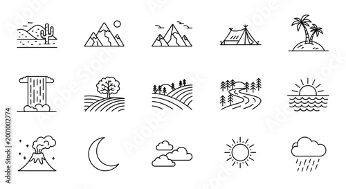 Minimalist line art icons depicting various natural landscapes and weather conditions