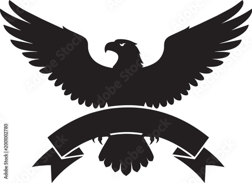 Eagle silhouette with spread wings and blank banner heraldic emblem or logo design element