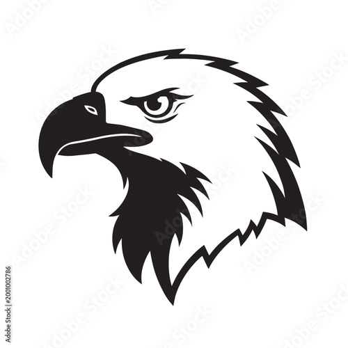 Stylized eagle head mascot logo illustration, black and white bald eagle profile vector art, fierce bird of prey icon